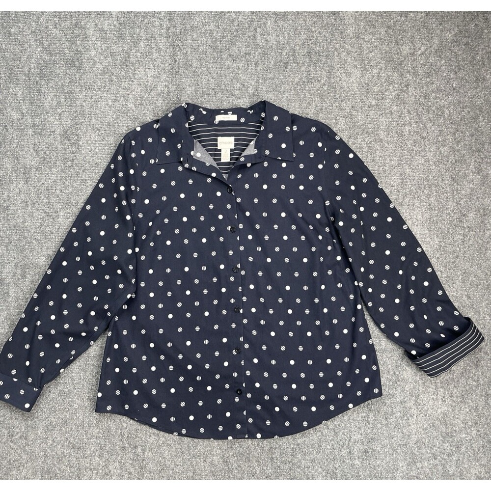 Chicos Top Sz 2 Womens Size Large No Iron Button Front Navy Dot Flip Cuff Cotton
